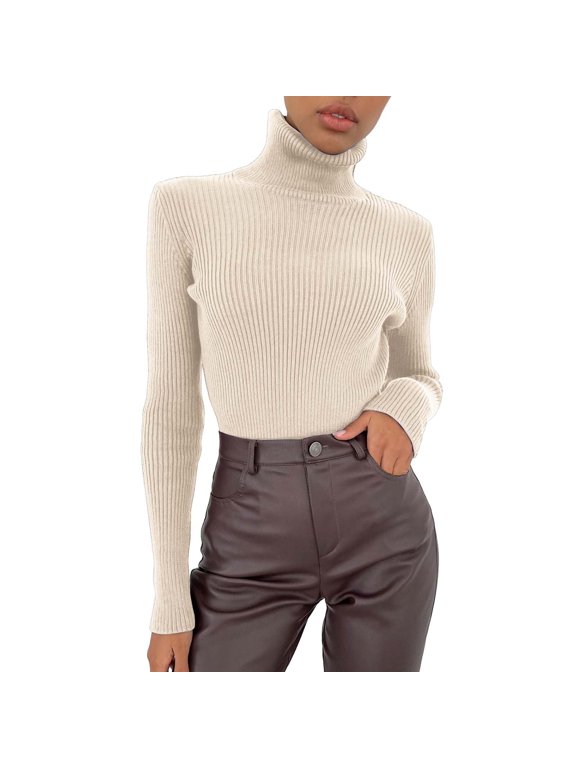 Womens Turtleneck Ribbed Knit Sweater Long Sleeve Pullover Slim Fit Stretch Mock Neck Knit Top Base Layer Shirt BeigeOne Size