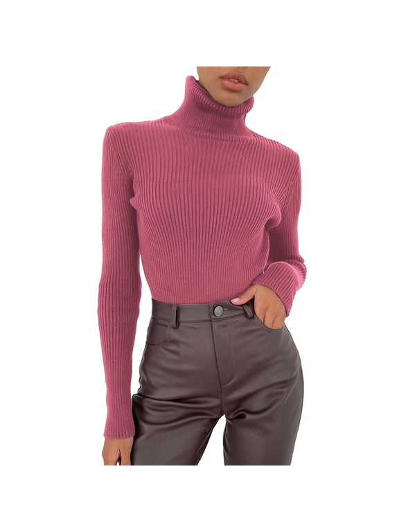 Womens Turtleneck Ribbed Knit Sweater Long Sleeve Pullover Slim Fit Stretch Mock Neck Knit Top Base Layer Shirt VermilionOne Size