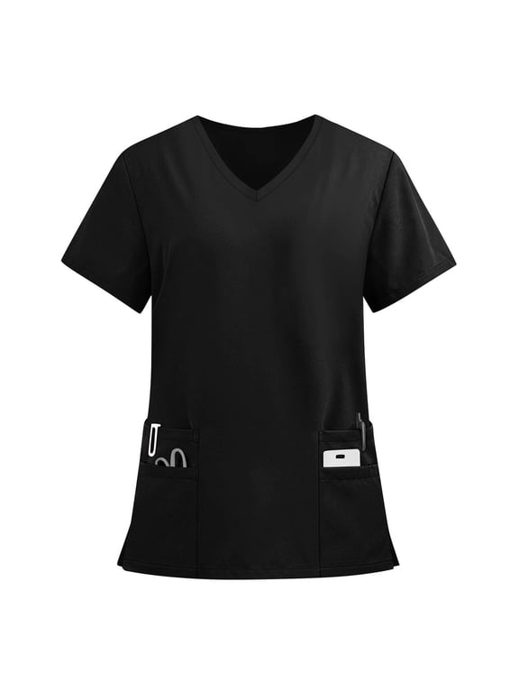 Womens V Neck Scrub Top Short Sleeve Work Tunic Uniform Shirt with Pockets Solid Pullover Medical Carewear Top Black L