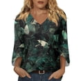 thumbnail image 1 of Delconic Womens V Neck Three Quarter Sleeve Floral Print Casual Loose Fit T Shirt Top Lightweight Soft Fabric Blouse for Daily Wear Office Travel Dark Green L, 1 of 7
