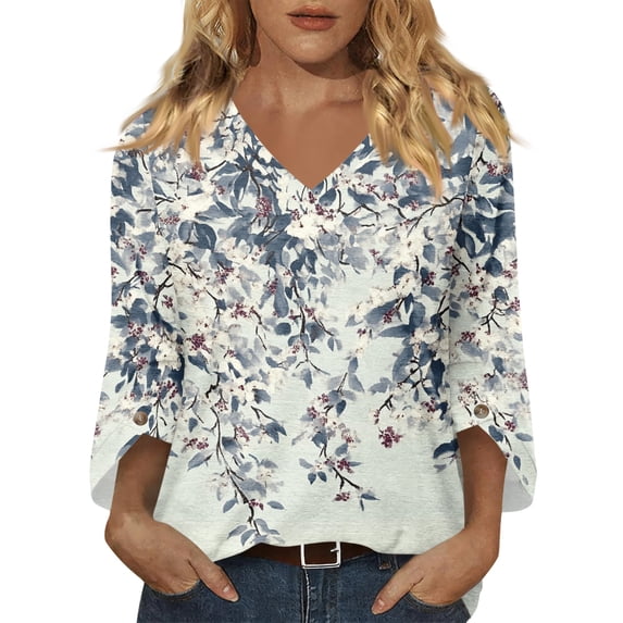 Delconic Womens V Neck Three Quarter Sleeve Floral Print Casual Loose Fit T Shirt Top Lightweight Soft Fabric Blouse for Daily Wear Office Travel Multicolor XL