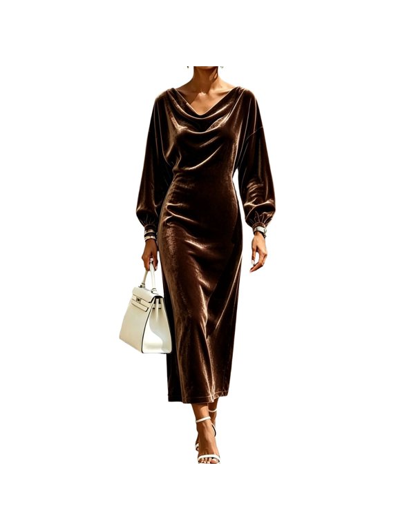 Womens Velvet Midi Dress Long Sleeve Cowl Neck Split Hem Lantern Sleeve Draped Bodycon Dress for Evening Occasion Coffee L