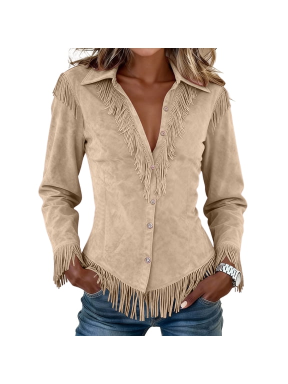 Womens Western Cowboy Style Suede Fringe Button Down Shirt Slim Fit Long Sleeve Collared Top with Chest Patch BeigeS