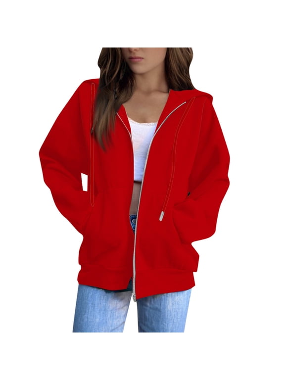 Womens Zip Up Hoodie Fleece Sweatshirt Long Sleeve Drawstring Hood Casual Relaxed Fit Outerwear Jacket Top Red L
