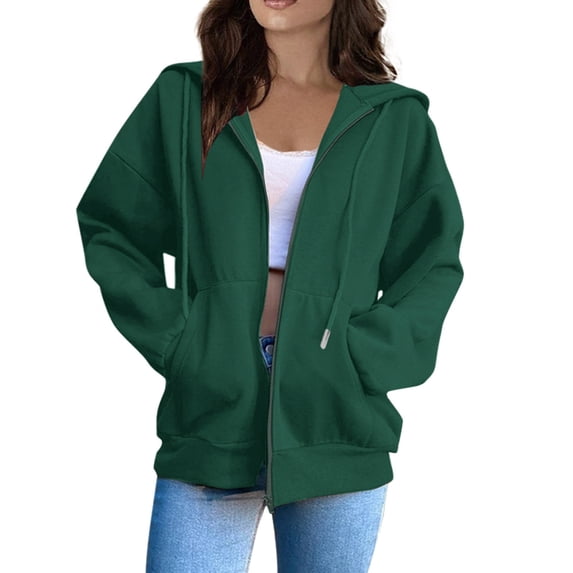 Delconic Womens Zip Up Hoodies Oversized Fall Sweatshirts 2026 Cute Y2K Long Sleeve Fleece Jackets Winter Clothes With Pockets Dark Green L