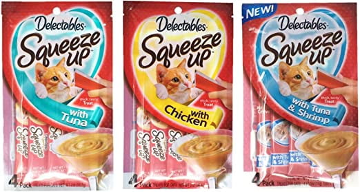 Delectables Squeeze Up Hartz Cat Treats Variety Pack Bundle of 3 Flavors (Tuna, Chicken, Tuna & Shrimp; 2.0 oz Each)