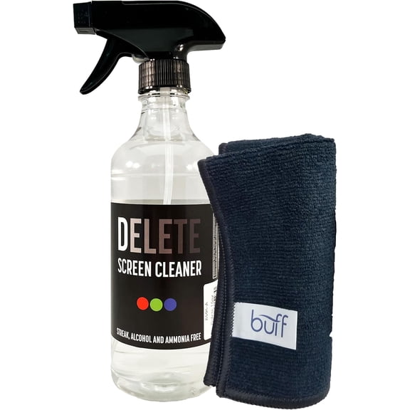 Delete Screen Cleaner Spray Kit, 16oz Bottle and 12"x12" Microfiber Cleaning Cloth, Streak-Free, Safe and Gentle Formula, Multi-Purpose for Devices, Large TVs, Computers, Monitors, Smart Phones