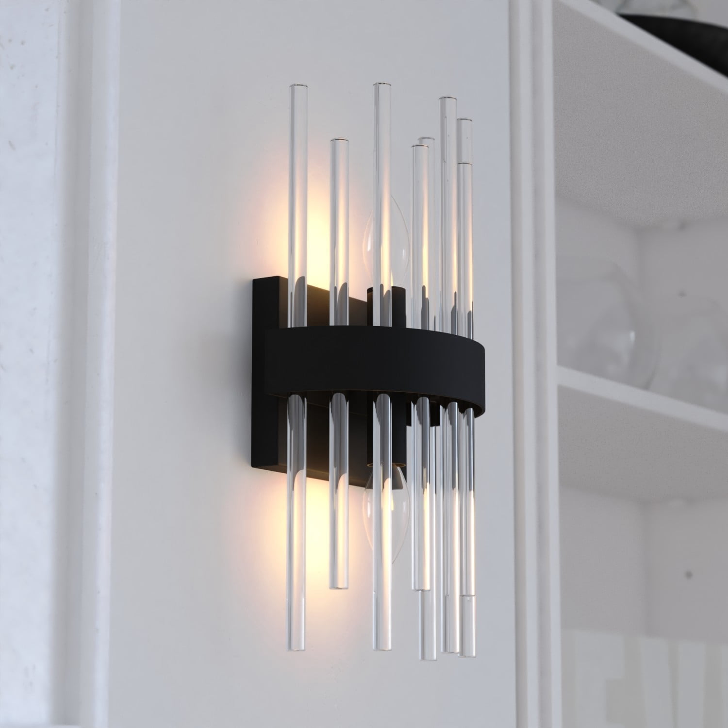 Delevan 2-Light 7.25 in. Wide Matte Black Modern Contemporary Wall Mounted Sconce with Clear Glass Rod Shade, Dimmable, LED Compatible, Metal Bathroom Vanity Lighting Fixture