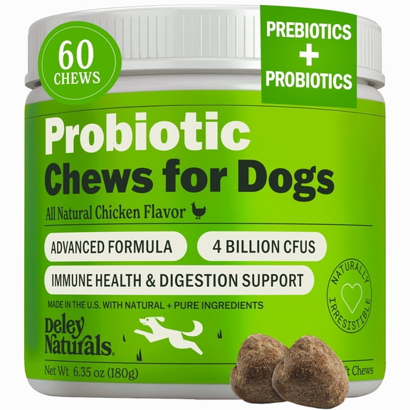 Deley Naturals Digestive Health Dog Probiotic Chews, Chicken Flavor, 60 Count