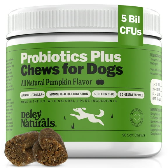 Deley Naturals Probiotics Plus Chews for Dogs, Gut Health Supplement, Prebiotics, Pumpkin Flavor, 90 Count