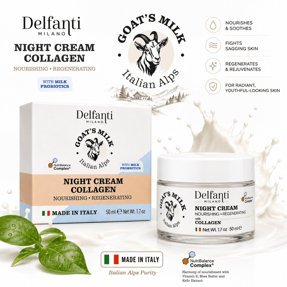 Delfanti Milano Goats Milk Collagen Night Cream Face Moisturizer with Milk Probiotics, Nourishing & Regenerating, Made in Italy, 50 mL (1.69 fl oz)
