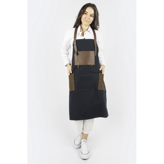 DelfiCase Canvas Heavy Duty Work, Kitchen Apron With Pockets Adjustable for Men and Women (Khaki & Navy Blue)