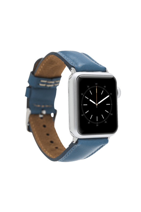 DelfiCase Genuine Leather Apple Watch Band Compatible with iwatch Series 7-6-5-4-3-2-SE 38mm 40mm 41mm Replacement Strap for Men and Women (BLUE-RoseGold Connector)