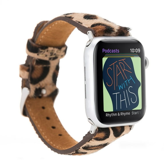 DelfiCase Genuine Leather Apple Watch Band Compatible with iwatch Series 7-6-5-4-3-2-SE 38mm 40mm 41mm Replacement Strap for Men and Women (LEOPARD-RoseGold Connector)