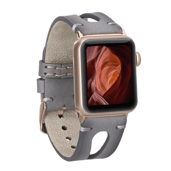 DelfiCase Genuine Leather Slim Wrist Watch Band for Apple Watch Series 7-SE-6-5-4 -3-2-1 38mm 40mm 41mm Top Grain Leather Replacement Stitched Strap(Grey-Silver Connector)