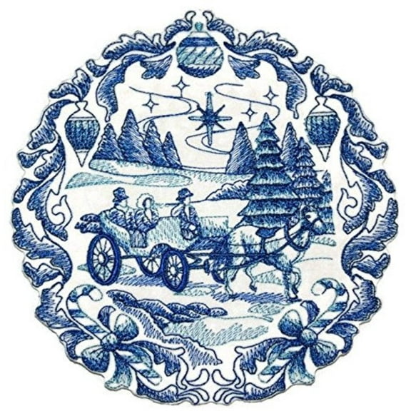 Delft Blue Christmas Carriage Embroidered Iron on/Sew patch [6.89" X 6.12"]