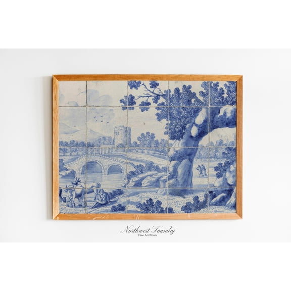 Delft Blue Dutch Landscape Tile Print, Unframed Paper Poster 8x10in