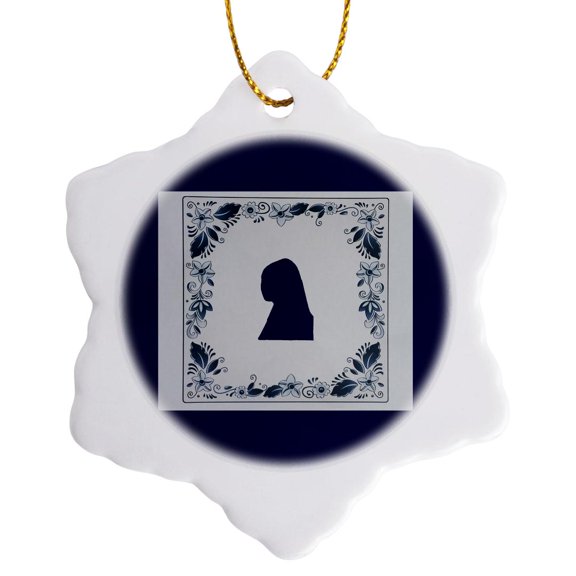 3drose, Delft Blue Tile Girl with a Pearl Earring, 3 inch Snowflake Porcelain Ornament