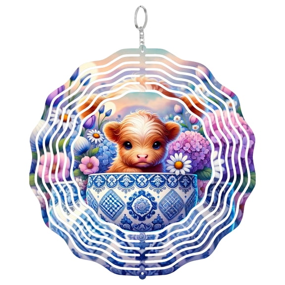 Delft Bowl Highland Cow 3D Wind Spinner Stainless Steel Kinetic Art Blue White Art Round