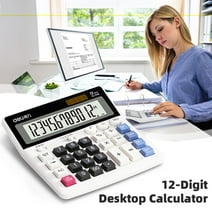 Deli 12-Digit Desktop Calculator, Dual Power, Extra Large LCD Display, White