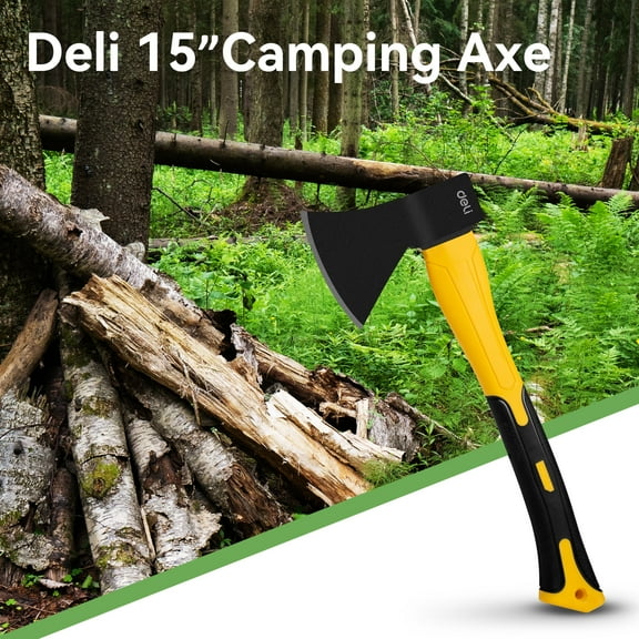 Deli 15" Small Camping Axe , Outdoor Chopping Hatchet for Wood Splitting and Kindling,with Shock Absorbing and Anti Slip Fiberglass Handle