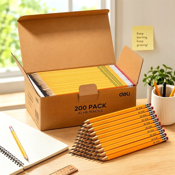 Deli 200 Pack #2 HB Pencils Bulk, Wood-Cased Presharpened Pencils with Erasers, Wood Pencils
