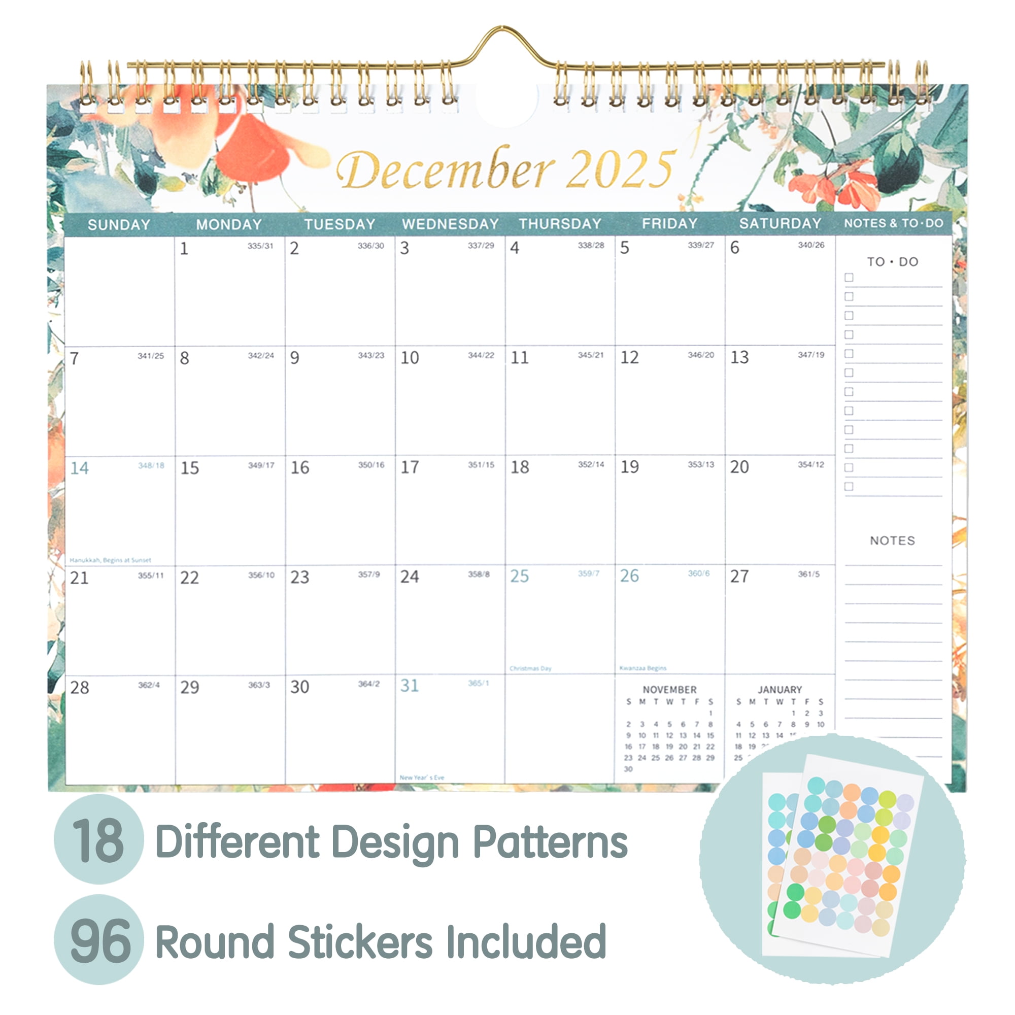 Deli 18 months Wall Calendar 2025-2026, 11" x 8.5", Thick Paper with Julian Dates and Block, Monthly planner for Office Home Planning & Organizing, Color Design