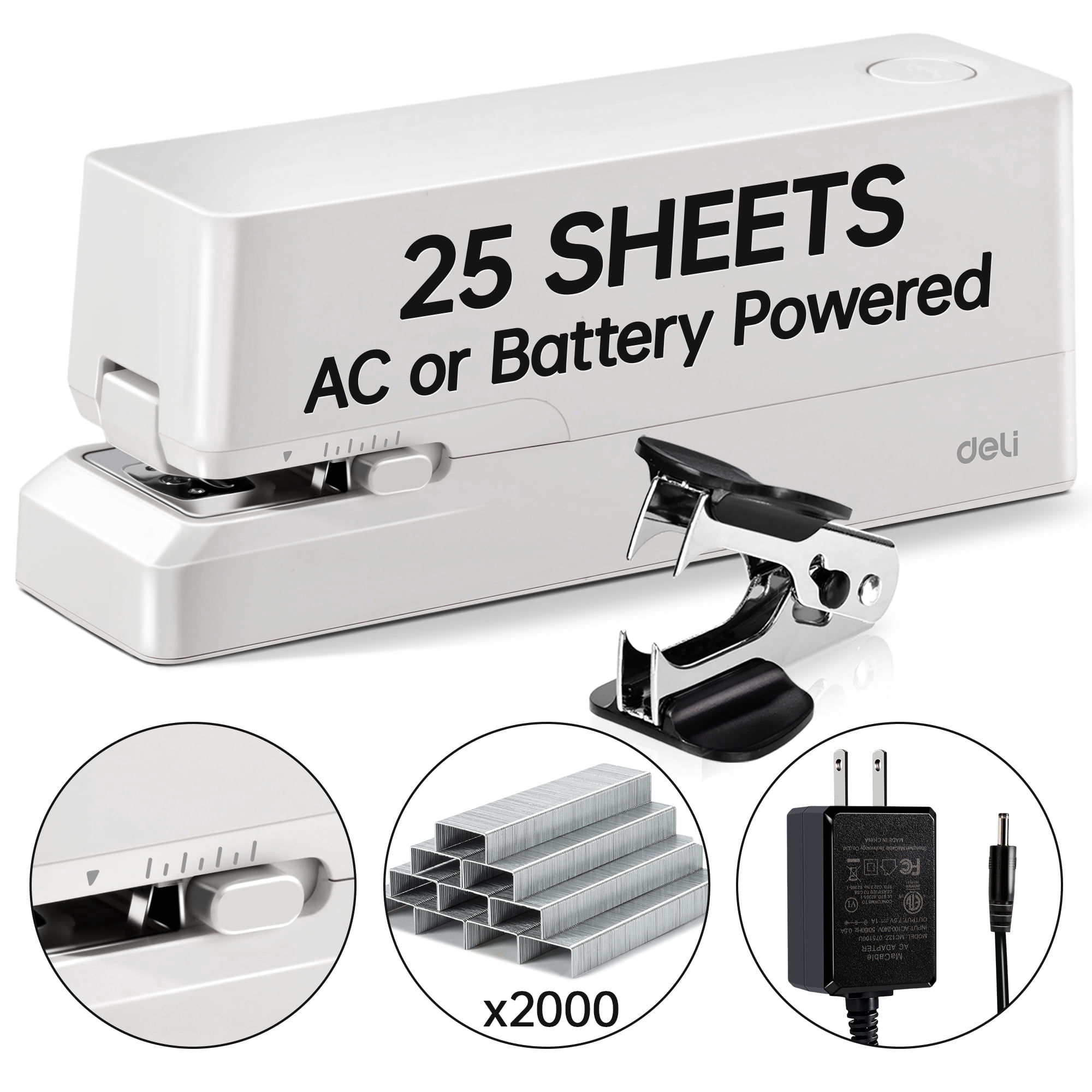 Deli 25-Sheet Electric Stapler with 2000 Staples & Staple Remover, AC or Battery Powered Staplers for Home Office, White