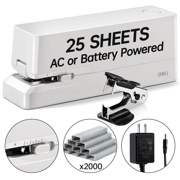 Deli 25-Sheet Electric Stapler with 2000 Staples & Staple Remover, AC or Battery Powered Staplers for Home Office, White