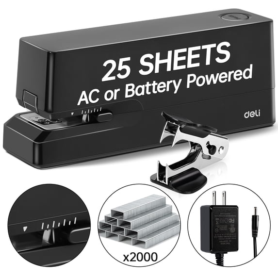 Deli 25-Sheet Electric Stapler with 2000 Staples & Staple Remover, AC or Battery Powered Staplers for Home Office, Black