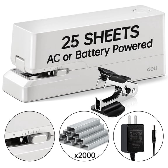 Deli 25-Sheet Electric Stapler with 2000 Staples & Staple Remover, AC or Battery Powered Staplers for Home Office, White