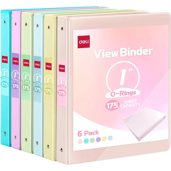Deli 1-inch 3 Ring Binder with 2 Interior Pockets, 175 Sheets Capacity, 1 inch Binders fits 11" x 8.5" US Letter Size, Assorted 6 Pastel Colors, 6 Pack
