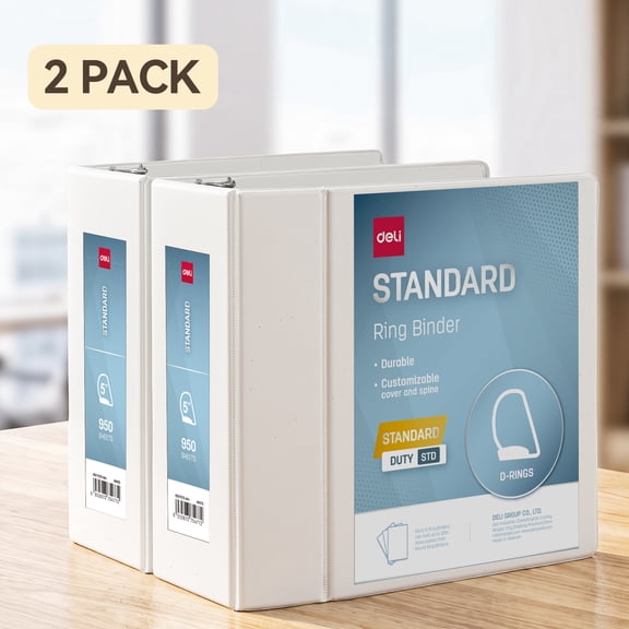 Deli 5 Inch View Binder 2 Pack, 3 Ring D-Binder Holds Up to 1000 Sheets with Interior Pockets, Letter Size Document Organizer