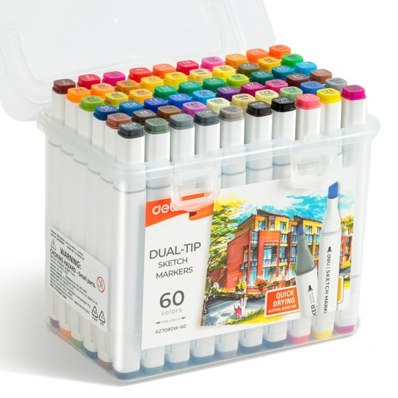 Deli 60 Colors Dual Tip  Permanent Markers, Art Markers Set Art Supplies with Storage Box