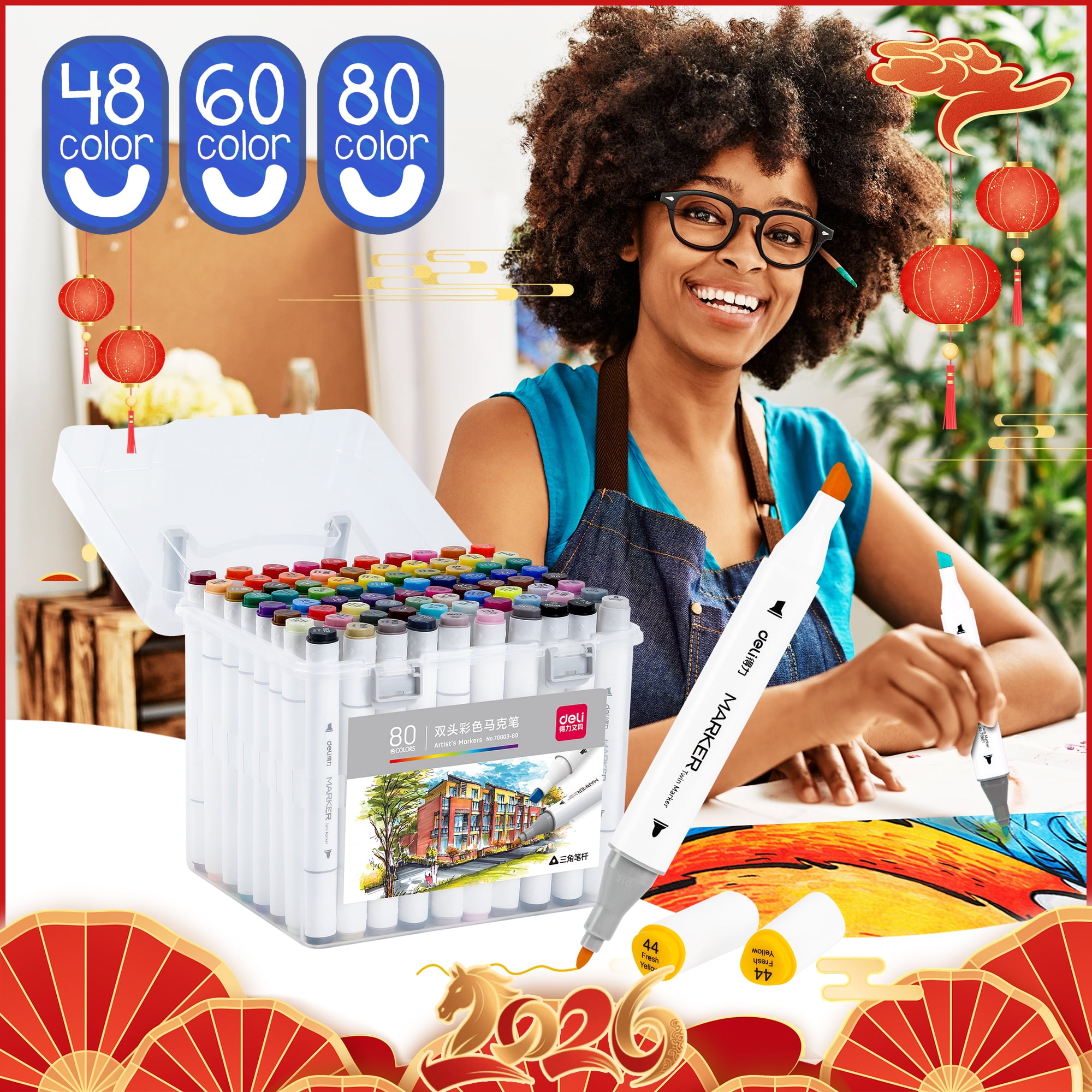 Deli 80 Colors Dual Tip Alcohol Markers, Markers Gift Set Permanent Marker with Storage Box
