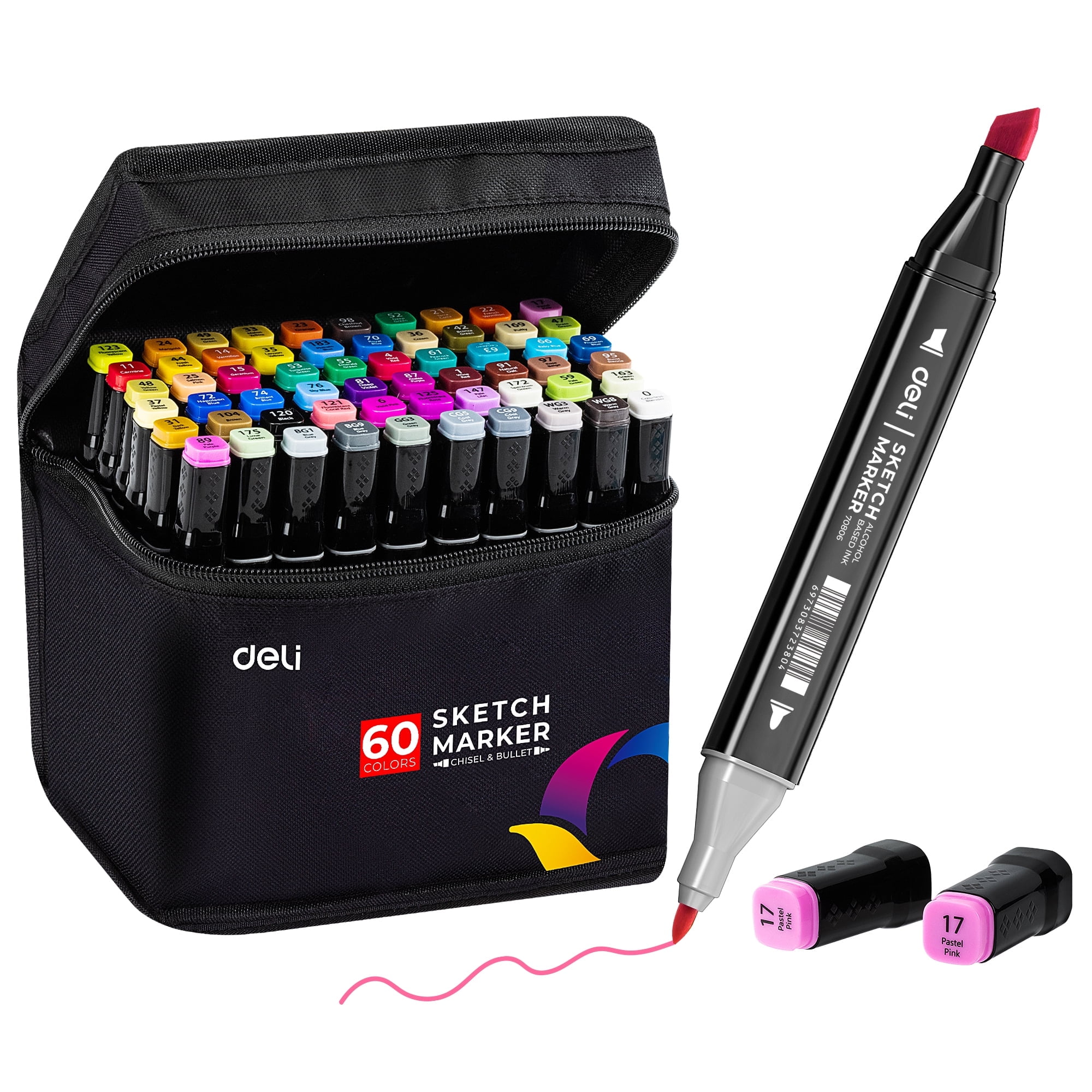Deli Art Markers Set, 60 Colors Dual Tips, School Assorted Pack, Coloring Marker Pens