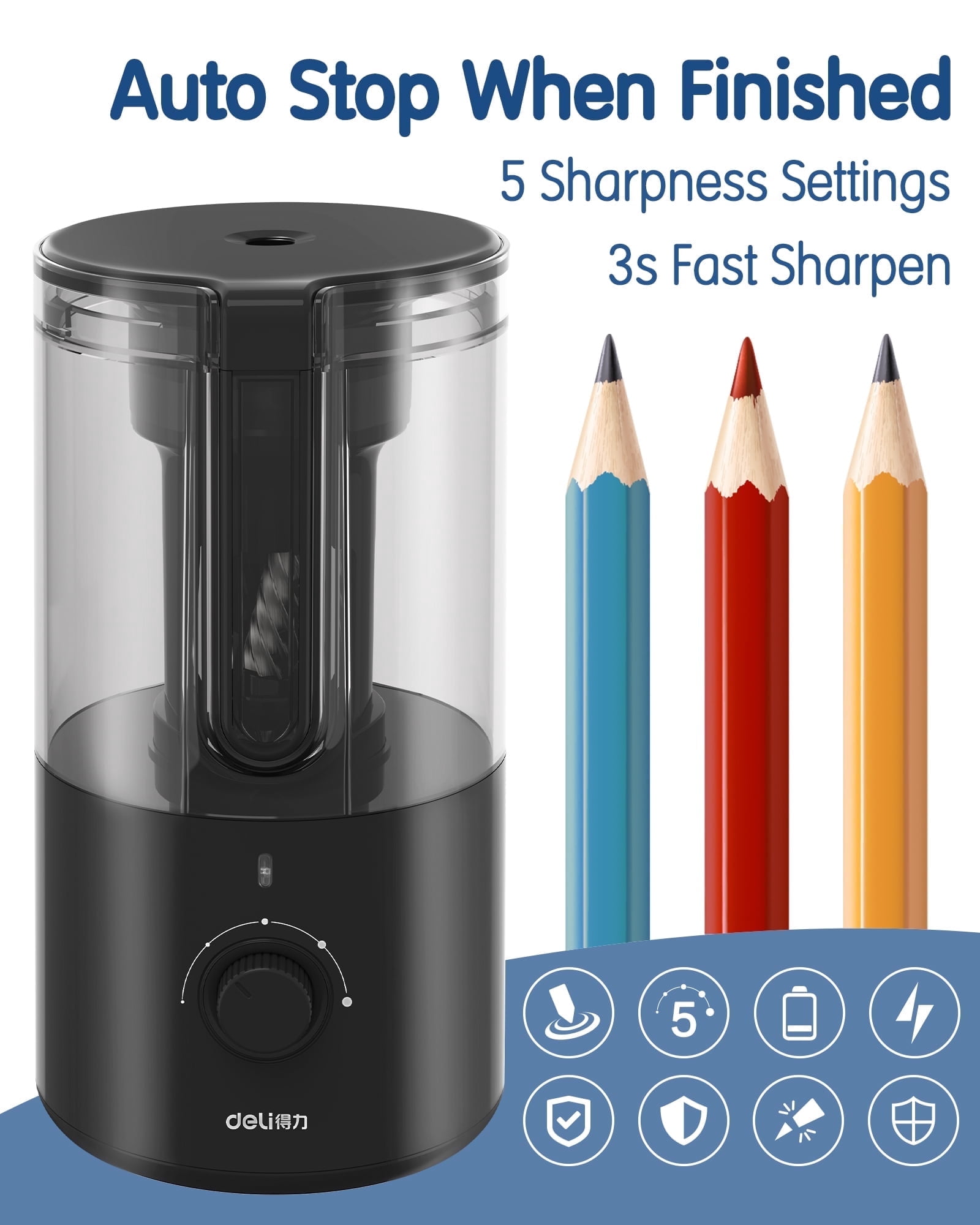 Deli Electric Pencil Sharpener, Auto Stop, Fast, for 6-8mm No.2/Colored ...