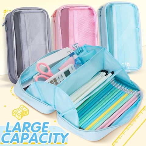 Deli Pencil Case for Kids,Large Capacity Foldable Pencil Pouch with 4 Compartments, School Supplies Organizer Bag for Students, Teens and Office Use,Blue