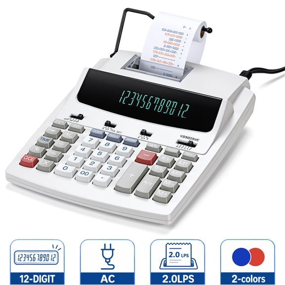 VUSIGN Printing Calculator, 12-Digit Thermal Printing Adding Machine with Fluorescent Display, 2-Color Printing, 2.0 LPS Business Calculator for Accounting, Office and Retail, AC