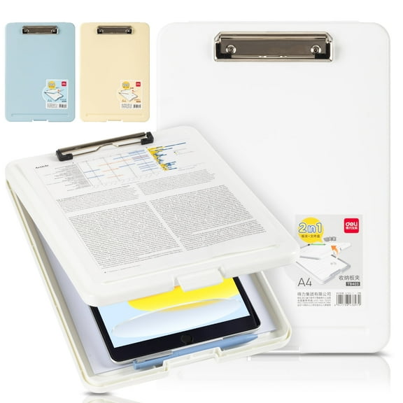 Deli Clipboard with Storage Case, 13.39" × 9.45" with Pen Holder & Low Profile Clip, Letter Size/ A4, White
