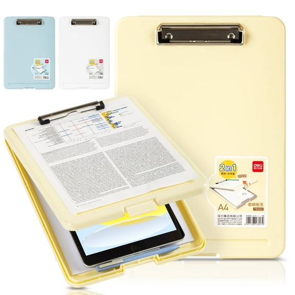 Deli Clipboard with Storage Case, 13.39" Ă— 9.45" with Pen Holder & Low Profile Clip, Letter Size/ A4, Yellow