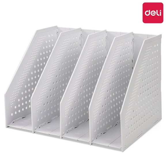 Deli Collapsible Magazine File Holder 4 Vertical Compartment Binder Holder for Desk Organizer Adjustable Sturdy Binder Storage Organizer Binder Holder for Office School Home,Light Gray