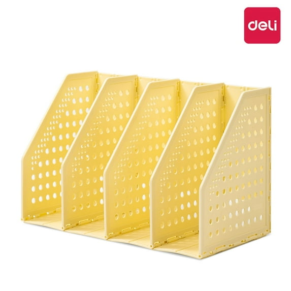 Deli Collapsible Magazine File Holder 4 Vertical Compartment Binder Holder, Light Yellow