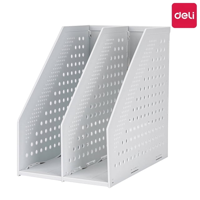 Deli Collapsible Magazine File Holder Magazine Rack Desk Organizer Binder Holder,2 Vertical Compartments,Light Gray