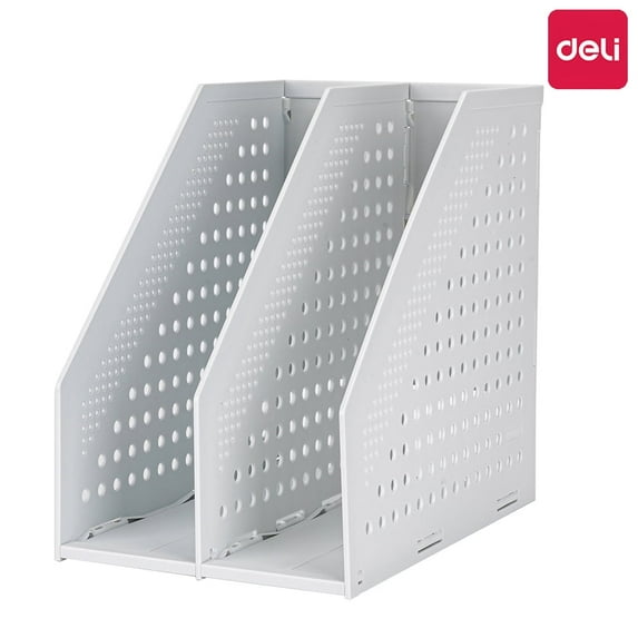 Deli Collapsible Magazine File Holder Magazine Rack Desk Organizer Binder Holder,2 Vertical Compartments,Light Gray