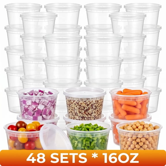 Deli Containers with Lids — Stackable Plastic Food Storage for Meal Prep, Soups & Leftovers,48-Sets - 16 oz