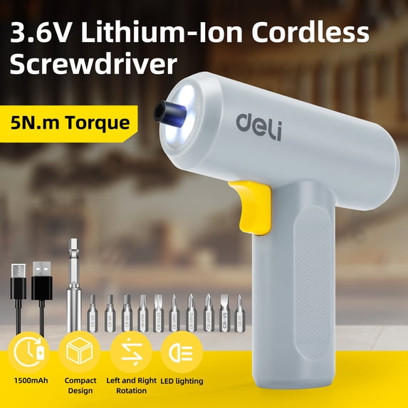 Deli Cordless Screwdriver 3.6V, 1500mAh Rechargable Battery, USB-C charging port. High 5-N.m Torque Cordless Portable Screwdriver with 10 pieces of S2 Steel Bits