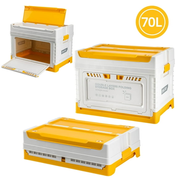 Deli Double Layer Plastic Collapsible Storage Bin with Lid, 70L Large Capacity Triple Door Storage Box, Folding Stackable Utility Crates,Car Trunk Organizer, Ideal for Organizing, Storage, Moving
