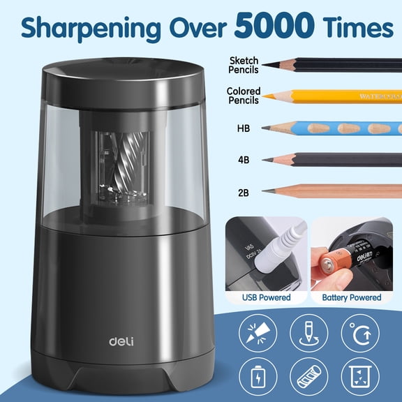 Deli Electric Pencil Sharpener, Automatic Pencil Sharpeners for No.2 Pencils Colored Pencils with Adjustable Thickness & Auto Stop, Office Supplies, Black