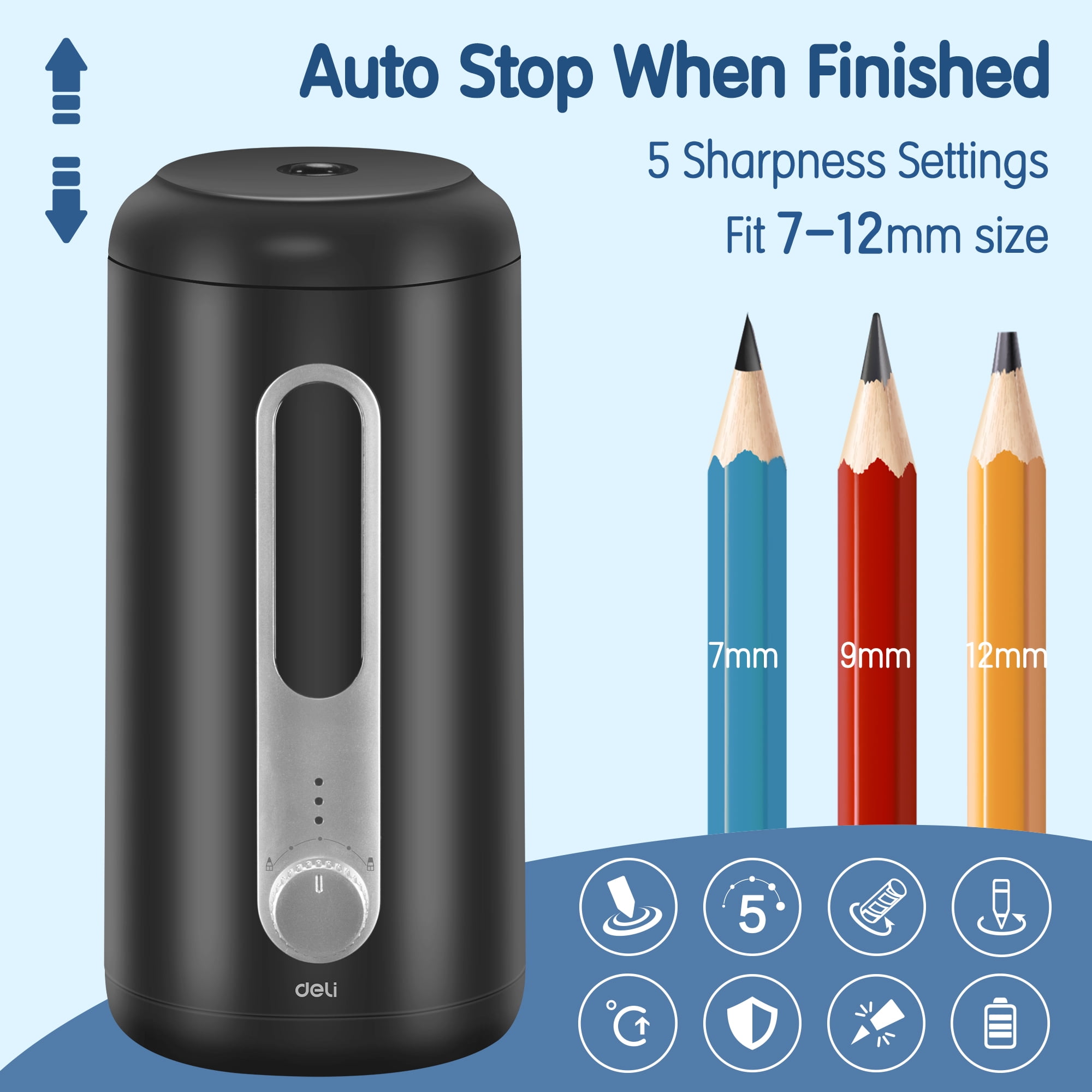 Deli Electric Pencil Sharpener, 7-12mm, Auto in &a